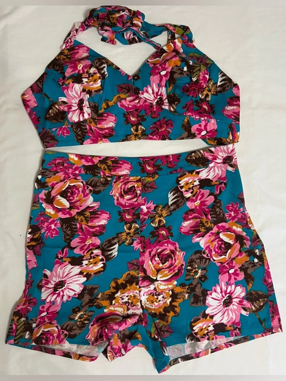Beach Bash Floral Halter Two Piece Set Boho Tropical Crop Top & Shorts Vacation